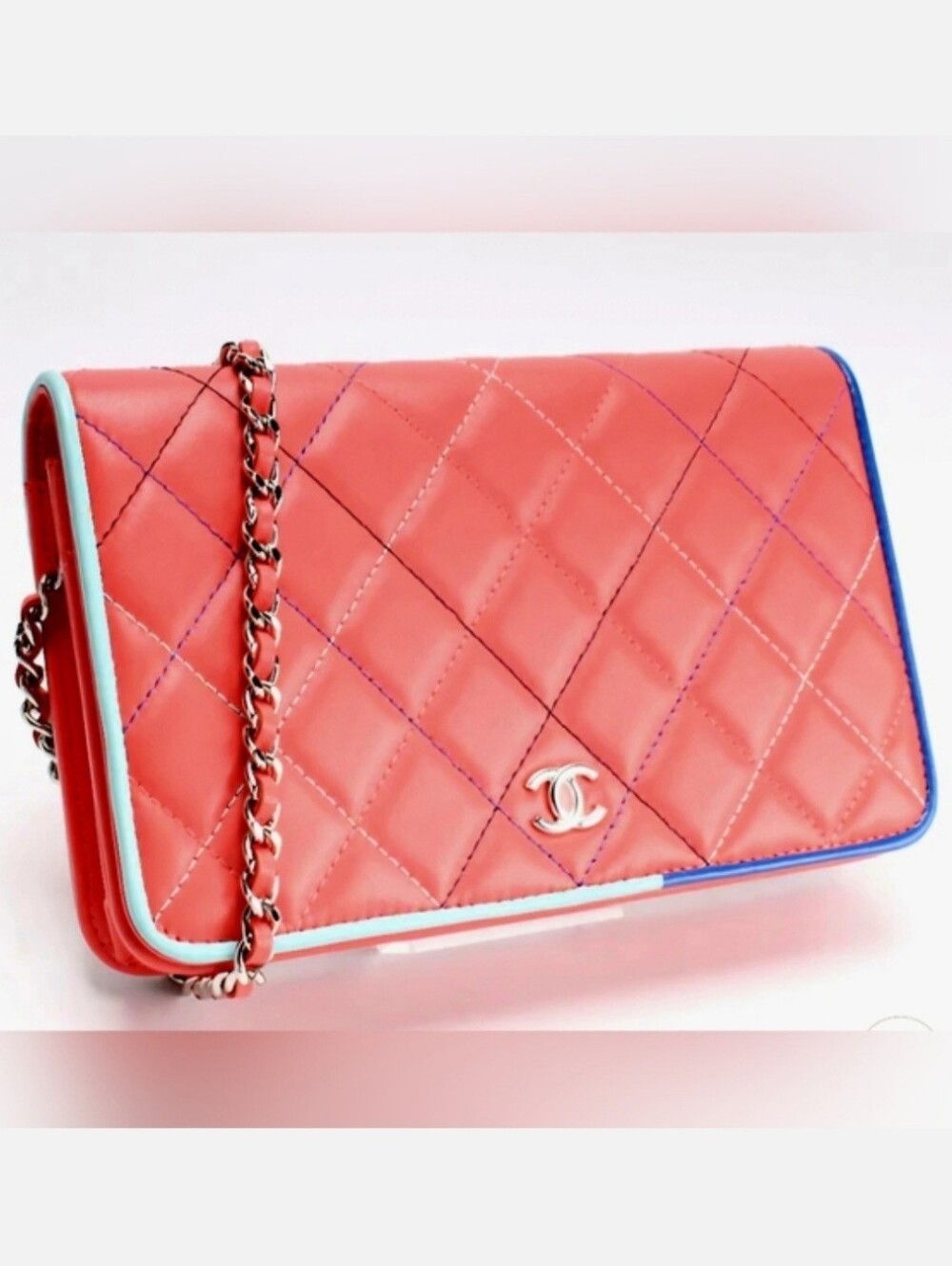 Chanel Coral Pink Tricolor Quilted Wallet-on-chain